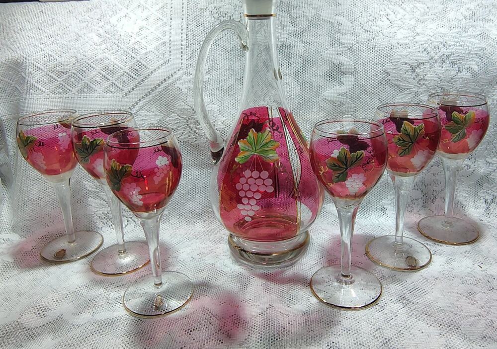 Vtg. Romanian Hand Painted Grapevine Ruby Red Flash Wine Glasses & Decanter 7pc